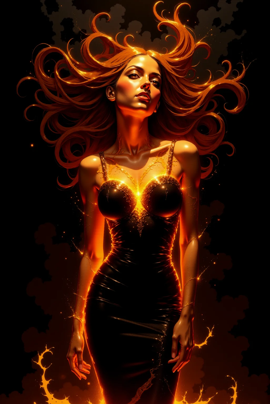 <lora:DGLO_style_v.7:0.75> DGLO style.
An evocative portrayal of a woman glowing like the heart of a fire, her figure haloed by a warm, radiant light. Her hair swirls around her in dynamic curls, each strand illuminated with shades of copper, crimson, and gold, as if forged in flames. Her eyes are mesmerizing, glowing like molten amber, and her expression is calm yet filled with quiet intensity, as though she holds the power of creation within her. She wears a sleek black dress adorned with subtle, glowing red filigree patterns, which seem to shift and move like burning embers. The dark background is speckled with faint sparks, giving the impression that she stands in the midst of an eternal flame. Her aura suggests resilience and allure, a timeless figure embodying fire's dual nature of destruction and rebirth.