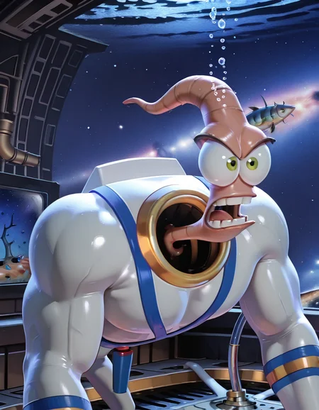 Masterpiece, hires, ((solo)) , Cartoon, 3d , render, smooth, cell-shading, Newest, detailed face and eyes, absurd detail, ultra detail, awesome picture, detailed skin, Beautiful background, dynamic pose, ((half body)), Strange place, space, groovy, solo, no human, ewj suit ,<lora:Earthworm_Jim:1> , under water, structure underwater, Fish tank form with glass tube, teeth,