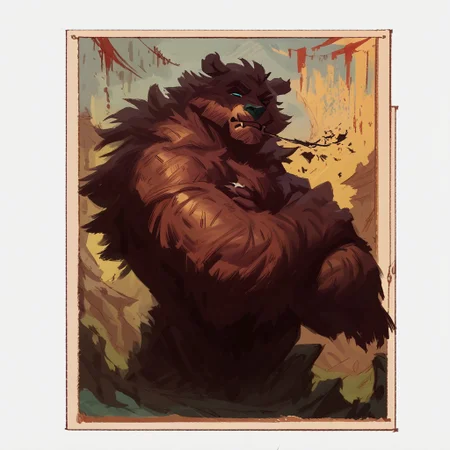 score_9, score_8_up, score_7_up, score_6_u highland cattle humanoid pdemon bear monster painting, in the style of atmospheric environments, epic landscapes, bold landscapes, dark cyan and red, raw, confrontational figures, brunaille underpainting, concept art