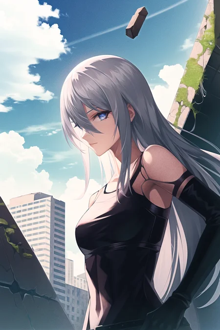 yorha type a no. 2,
close up, upper body, female focus,
1girl, absurdres, android, armlet, bare shoulders, black gloves, black tank top, blue eyes, elbow gloves, gloves, hair between eyes, joints, long hair, science fiction, solo, tank top, white hair,
robot, robot joints, mechanical parts, city, cloud, debris, grass, highres, outdoors, overgrown, post-apocalypse, rubble, ruins
<lora:yorha_type_a_noDOT_2:0.7>