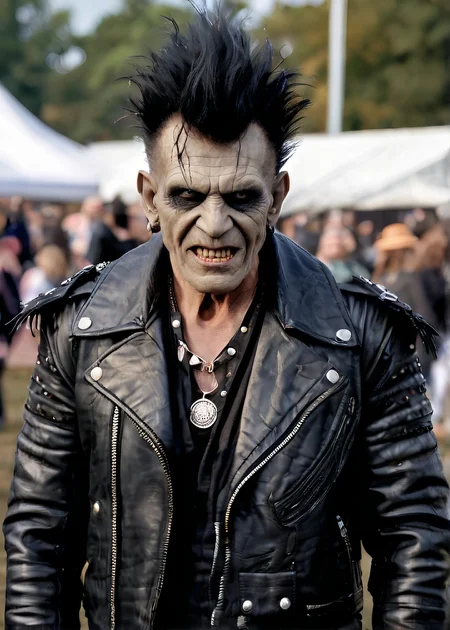 Photo of Bespoiler, posing at a open air concert, leather jacket, silver medallion,(detailed, ultra-detailed body:1.1),best quality,photo-realistic,highly detailed,absurdres,cinematic lighting,hyper-realistic,sharp focus,32k resolution,detailxl,SimplePositiveXLv2,