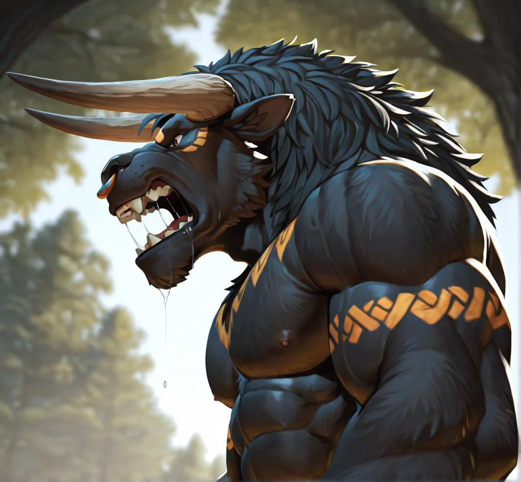 detailed face, detailed body, detailed background, perfect hands, perfect anatomy, masterpiece, high quality, best quality,
solo, forest, blurry background, close up, portrait, three quarter view, side view, (roar), yelling, open mouth, angry, saliva, saliva strand, nose ring, upper body, black body, from below, abs, pectorals, tribal markings,
Taur3n, bull, anthro, muscular, horns, bull horns, mane, fur, hunched,thick chest, pectorals, snout, nostrils, underbite, (square teeth), wide shoulders, hunched back, (humpback),
<lora:Tauren_for_Illustrious:0.7>