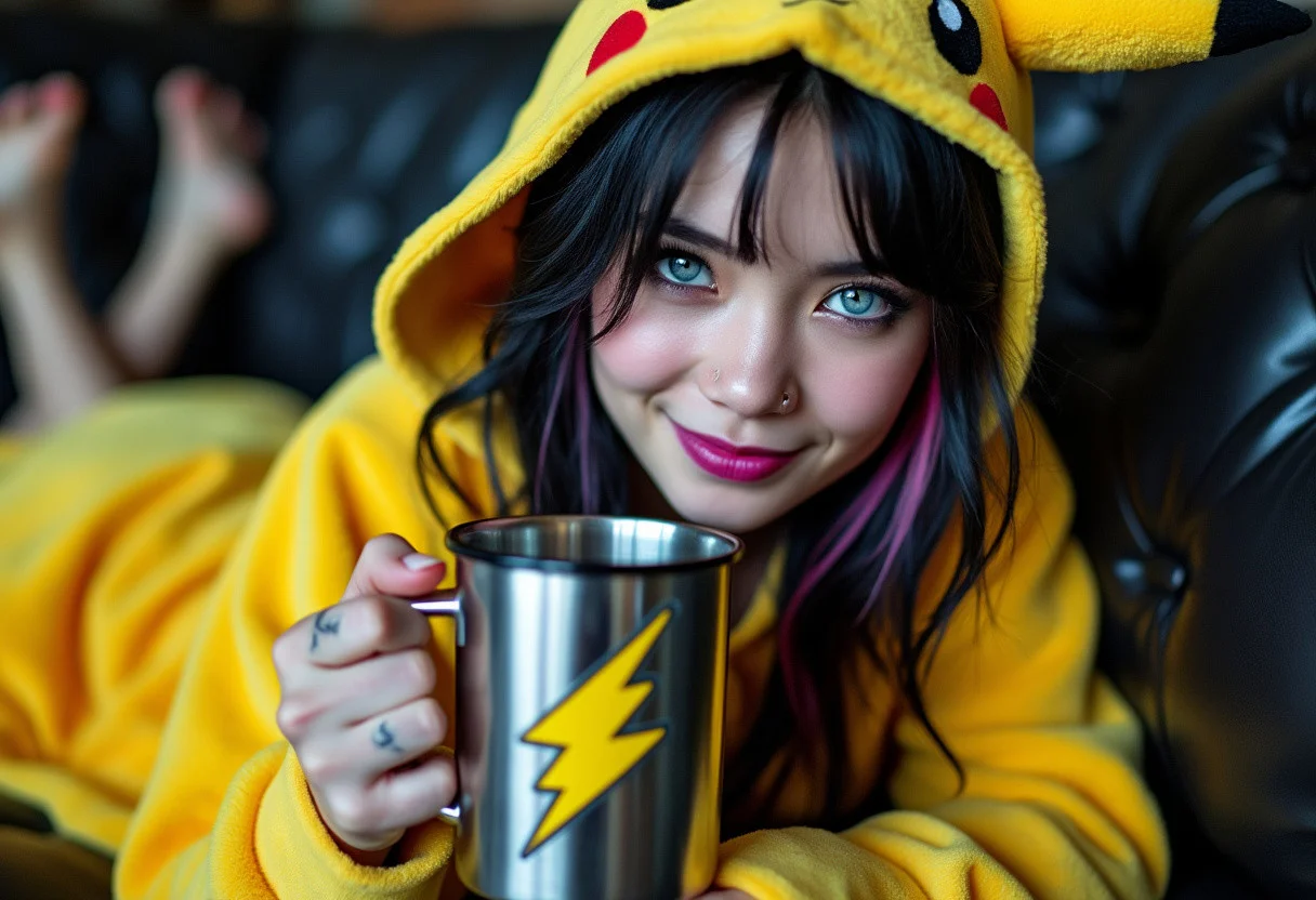A high-definition photo of a beautiful 20yo goth girl, wearing Pikachu onesie, holding coffee mug. She is laying on a black leather couch, in a seductive relaxed pose, barefoot, smiling. The girl has black hair with pink and purple highlights, framing her beautiful face. Her stunning blue eyes are accentuated by her black eyeshadow. Her lipstick is black and metallic purple. She has visible, vivid, intricate tattoos. The large steel mug bares a yellow lightning bolt logo with 'Buzz Queen' in large letters. 8k detail, full body