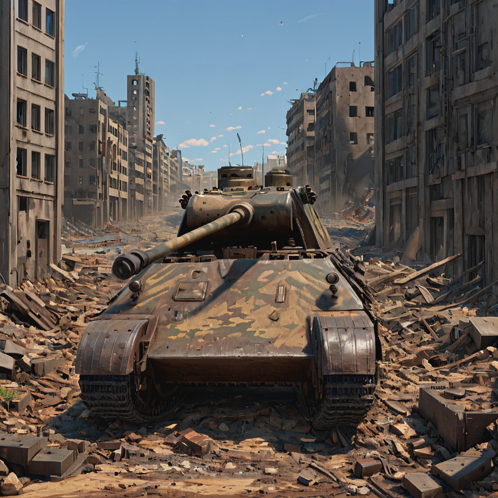 On the Eastern Front, a pnthrtnk tank maneuvers through the rubble of a devastated Soviet city, its gun barrel pointed towards unseen enemies. The destruction around the tank highlights the intense urban warfare faced during battles like Kursk and the push towards Berlin, with buildings reduced to ruins and streets filled with debris  ((pulp_comic, heavy_lines, hand_drawn, hand_inked, hand_colored, perfect_face, apxlz))