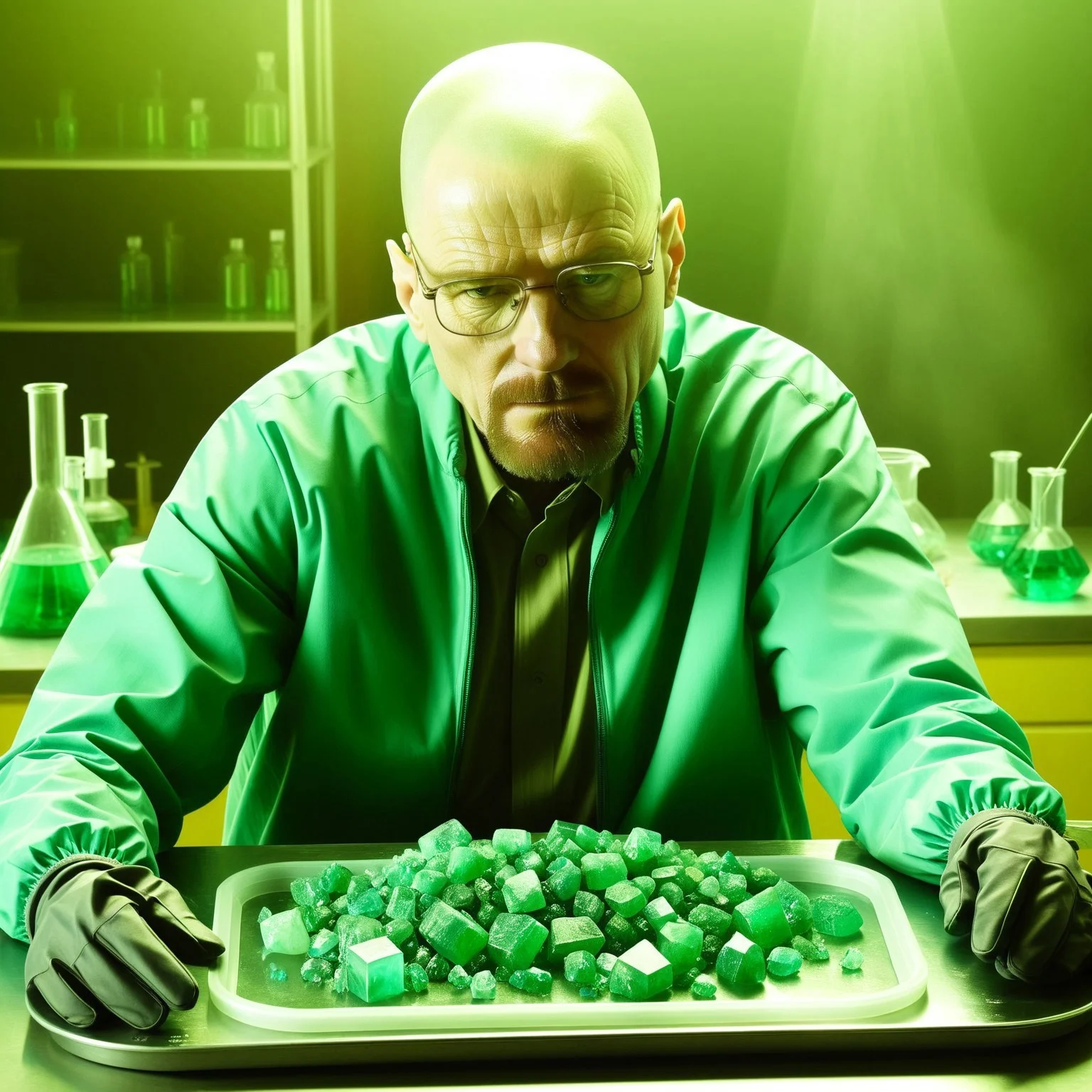 emeraldmorph, breaking bad style, walter white in a make-shift lab with a tray of many small green emerald chunks in front of him.
