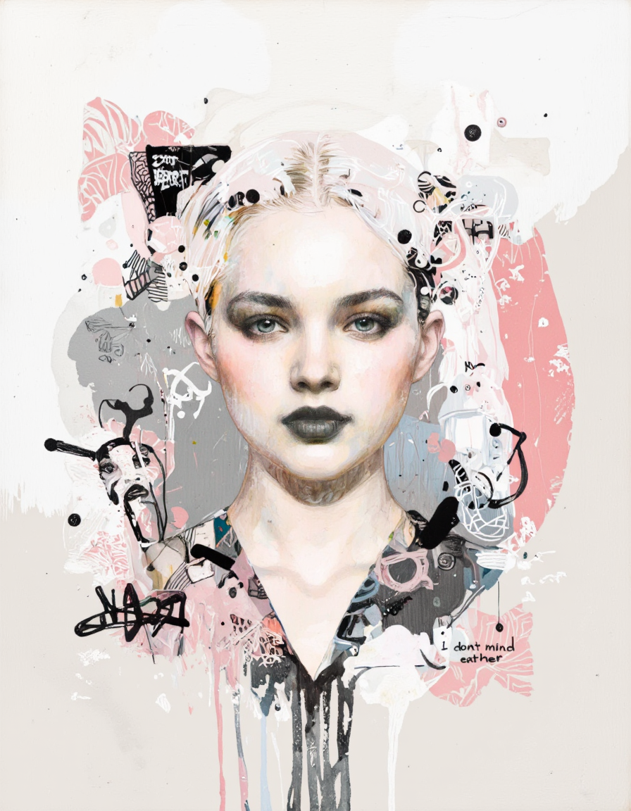 By Raphael Vicenzi. This is a digital artwork featuring a close-up portrait of a young woman with striking facial features. The woman has fair skin, large, expressive blue eyes, and dark, dramatic makeup with heavy black eyeliner and dark lipstick. Her hair is styled in a sleek, high ponytail with a few strands framing her face. The background is a mix of soft pastel pinks, whites, and grays, creating a dreamy, ethereal atmosphere. 
The artwork is filled with abstract, abstracted elements, including splashes of pink and white paint, swirling lines, and geometric shapes. The woman's face is the central focus, surrounded by these abstract elements, which add depth and texture to the image. The abstract elements are executed with a mix of soft, pastel colors and sharp, black lines, giving the artwork a modern, contemporary feel.
On the bottom right corner, there is a small text that reads, "I donât mind either," in a simple, sans-serif font. The overall style is a blend of abstract expressionism and digital art, with a focus on the subject's striking features and the interplay of colors and textures. <lora:Raphael_Vicenzi:1.0>