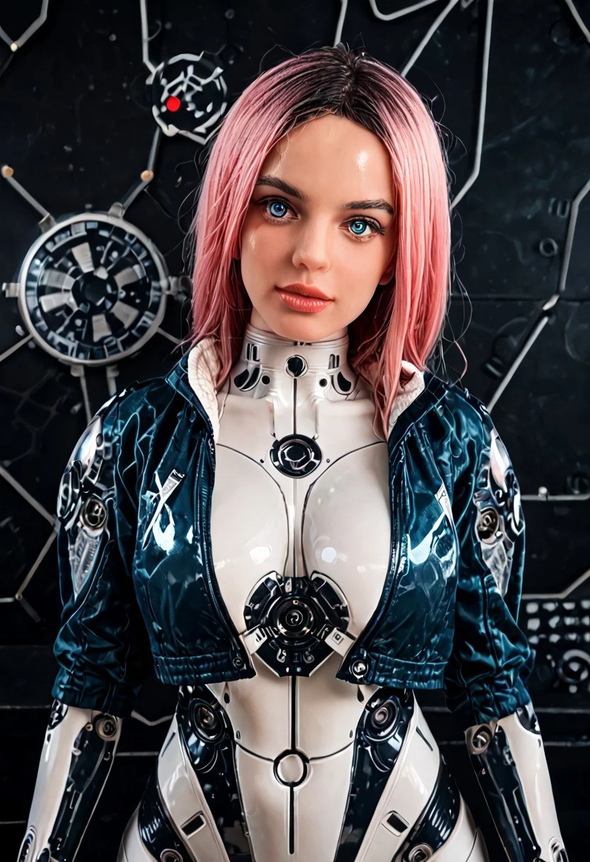 score_9, score_8_up, score_7_up, Raw Photo, Portrait, cute android girl, black android, glossy blue, seductive, innocent, light smile:0.3, plump lips, artificial silicone face, artificial silicone skin, panel lines visible in skin, symmetrical , slender body, wearing pink science fiction clothes, hands, breathtaking grandeur, LED internal lighting, cyberpunk style, pale pink wig, large glowing blue glass eyes, cyborg, full moon, dystopian futuristic city background, depth of field, dynamic angle, photo realistic:1.4, realistic skin:1.4, fashion photography, sharp, analog film grain, hyperdetailed:1.15
cyborg bodysuit,science fiction, Robot Girl, Robogirl
silicone,s3xd0ll,large breasts,looking at viewer,blue eyes
ruanyi0812,white bodysuit,skin tight mint green jacket,open jacket