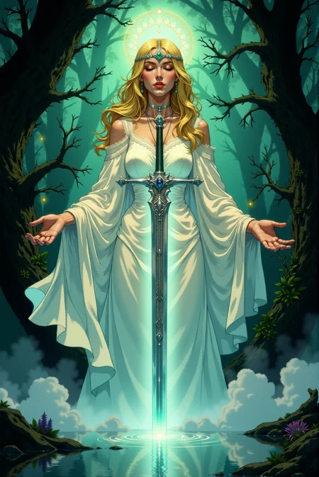 The artwork captures an ethereal, serene figure bathed in soft, magical light amidst an enchanted forest. The woman, an embodiment of grace and divinity, holds a long, gleaming sword horizontally across her open hands, its blade radiating with an inner silver glow that contrasts with the warm tones of her golden skin. She wears a delicate, flowing white gown that appears almost translucent, cascading around her like a wisp of mist, with edges blending into the faint fog surrounding her form. The fabric shimmers faintly, catching glimmers of gold and soft blues from the ambient lighting, adding depth to the folds and texture of her attire. Her face is calm, illuminated by a celestial light emanating from above, highlighting her closed eyes and giving her an expression of peace and solemnity. Her golden-blonde hair flows over her shoulders, woven with a faint, pearlescent sheen, and crowned by an intricate, filigreed circlet of silver that sparkles subtly, catching the dim forest light. The circlet is adorned with tiny jewels of emerald and sapphire, enhancing the regal yet mystical aura surrounding her. The background is a blend of deep greens and blues, representing the dense, shadowy forest. Twisting vines and faintly glowing fireflies dot the scene, adding intricate details and movement to the composition. The mist curls around her feet, blending seamlessly into the still surface of a reflective pool, which mirrors the faint luminescence of her figure. The water ripples gently, refracting muted hues of gold, teal, and violet, amplifying the atmosphere of enchantment. The sword itself is detailed in comic style, with sharp, clean lines and a polished hilt embossed with runic symbols that emit faint golden light. Its edge is razor-sharp, catching subtle reflections of the glowing forest, while droplets of water trickle from its tip, suggesting the sword has just emerged from the serene waters. The shadows and highlights are meticulously rendered, emphasizing the delicate interplay of light and dark, while the tones of the scene shift from cool to warm, offering a balanced and vibrant palette. The overall composition evokes a sense of reverence, magic, and timeless beauty. <lora:Dark_Gothic_Comic_style_v.2:0.7> DGC style.