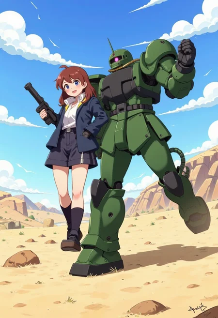 1girl, zaku \(mobile suit\), gundam,(zaku):10,desurt, desierto, correr, pose dinámica, lleno de acción, nubes de polvo, movimiento intenso, gran robot verde
