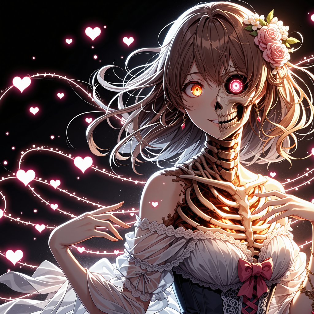 masterpiece, very aesthetic, solo, 1girl, skeletal, glowing eyes, smiling, hearts, dark background <lora:spo_sdxl_10ep_4k-data_lora_webui:1.0>