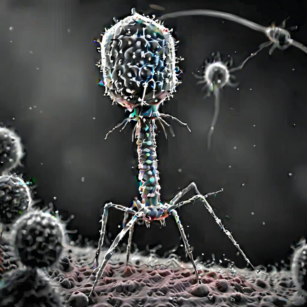 <lora:Phage_XL-000014:1> group of phage, grayscale, monochrome, attacking bacteria, as seen with an electron microscope