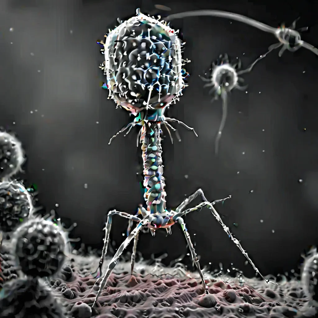 <lora:Phage_XL-000014:1> group of phage, grayscale, monochrome, attacking bacteria, as seen with an electron microscope