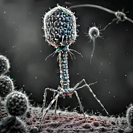 <lora:Phage_XL-000014:1> group of phage, grayscale, monochrome, attacking bacteria, as seen with an electron microscope