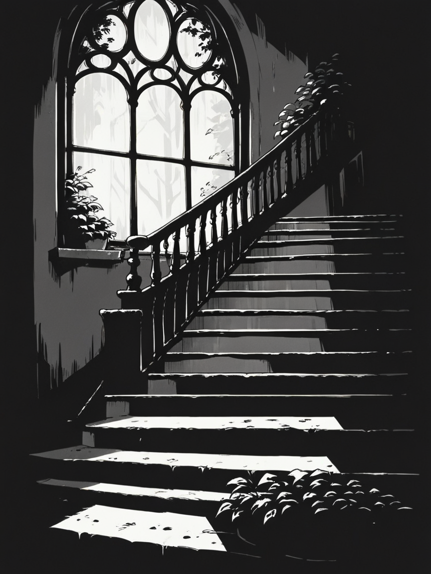score_9, score_8_up, score_7_up, score_6_up, score_5_up, score_4_up,  <lora:c0ntr4stbwXLP:0.85> c0ntr4st, monochrome, high contrast, window, stairs, woman, full body,