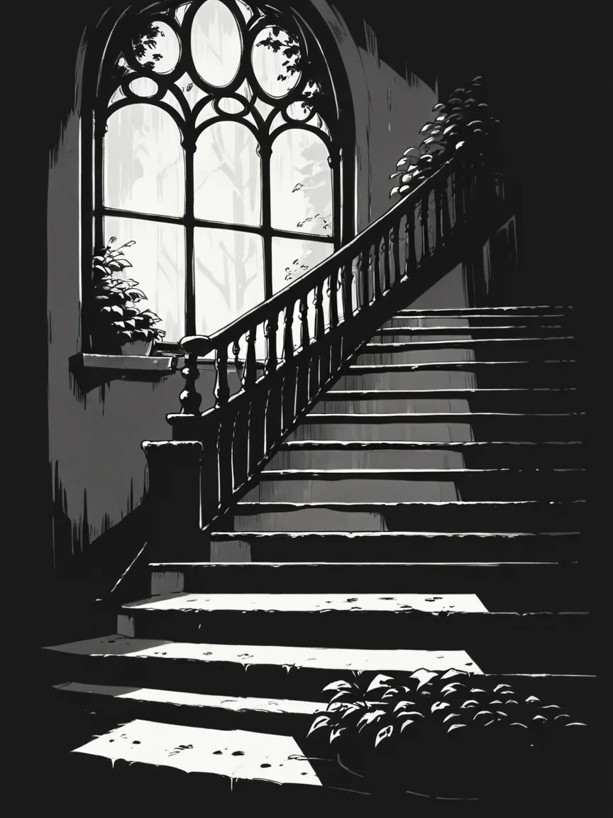 score_9, score_8_up, score_7_up, score_6_up, score_5_up, score_4_up, <lora:c0ntr4stbwXLP:0.85> c0ntr4st, monochrome, high contrast, window, stairs, woman, full body,