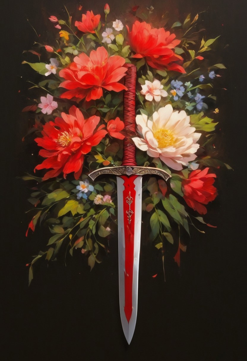 bloodied weapon, flower, sword, petals, no one, black background, red theme, still life