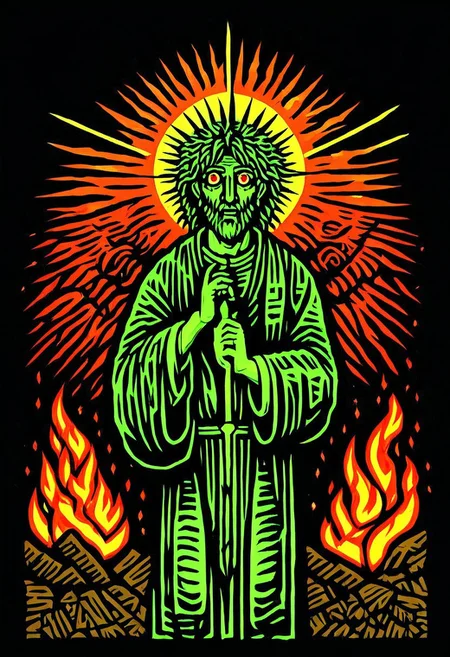 score_9, score_8_up, score_7_up, score_6_up, simple_green_engraving, easynegative, religious horror, occult, 2d, BREAK, altarpiece, religious icon, male, blessing, view from front, wild hair, wild eyes, one hand raised, holding a scripture, BREAK, background: (clouds, thunder, fire, city)