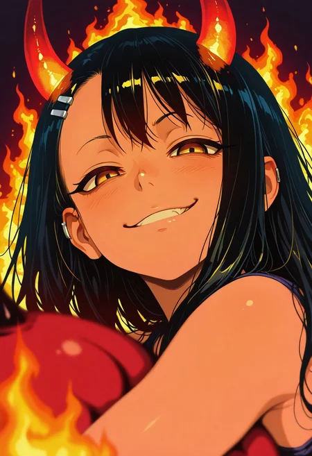 <lora:ck-shadow-circuit-IL>,
masterpiece, best quality, good quality, very aesthetic, absurdres, newest, 8K, depth of field, focused subject,
 close up, stylized, Nagatoro,evil smirk, wabi sabi, 1girl, red devil horns,  looking at viewer, dynamic angle, from below, from side, relaxing, background of flames
<lora:MoriiMee_Gothic_Niji_Style_Illustrious_r1>
<lora:ck-nc-cyberpunk-IL-000011>
<lora:ck-neon-retrowave-IL>