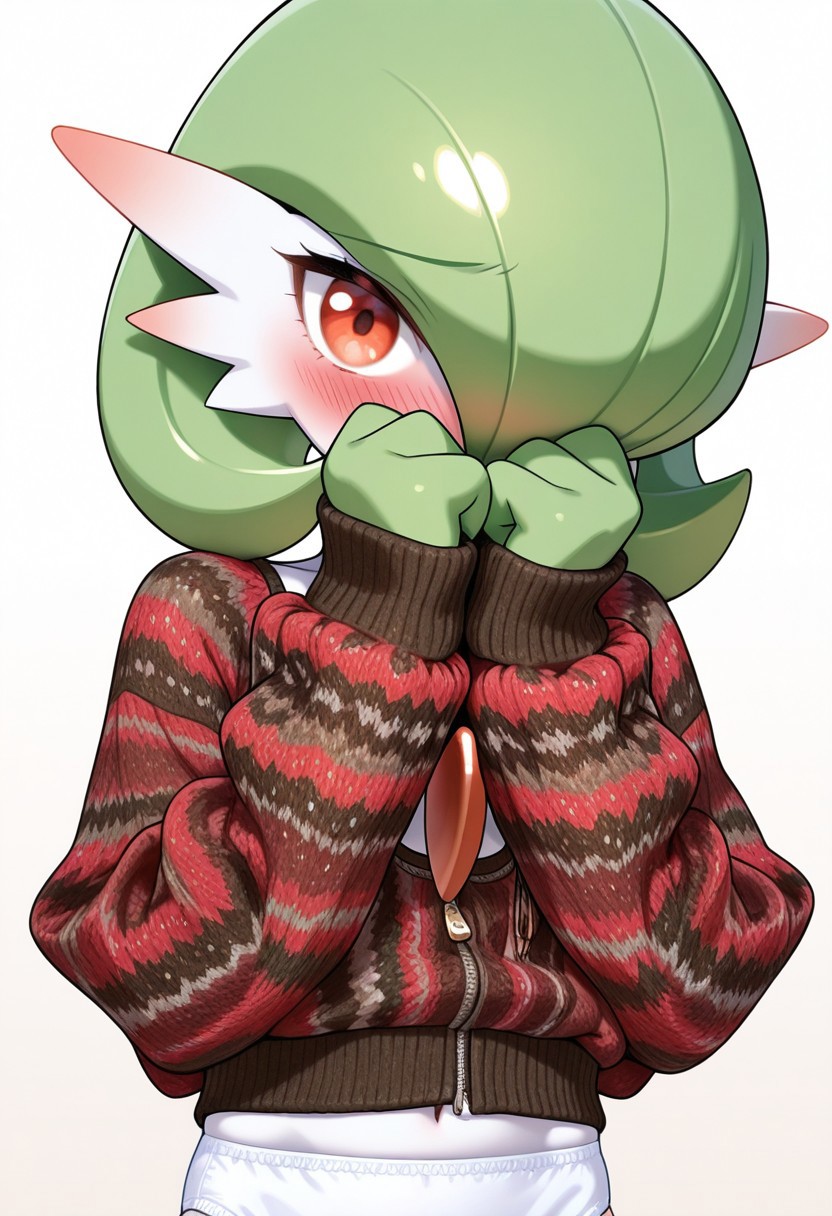 solo, crocheted sweater, gardevoir, looking at viewer, white panties, shy, blank background