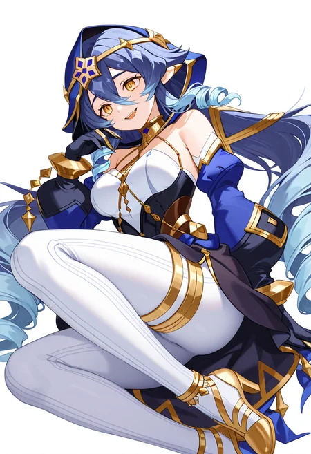 masterpiece,high quality details, absurdres,
 <lora:Layla:0.8>
layla_cnr, 1girl, blue hair,very long hair, twin drills, drill locks, pointy ears, yellow eyes, hair between eyes, sidelocks,medium breasts, 
hood up, dress, detached sleeves,puffy long sleeves,bare shoulders,black gloves, thighlet,claw ring,gold choker, gold trim,high heels, white pants,, simple background, white background, front view,solo,, crazy smile,crazy smile,