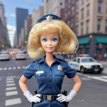 full body shot, <lora:Barbie_Doll_SDXL:1> Barbie wearing a police uniform, standing in the middle of a busy city intersection, directing traffic, whistle, white gloves