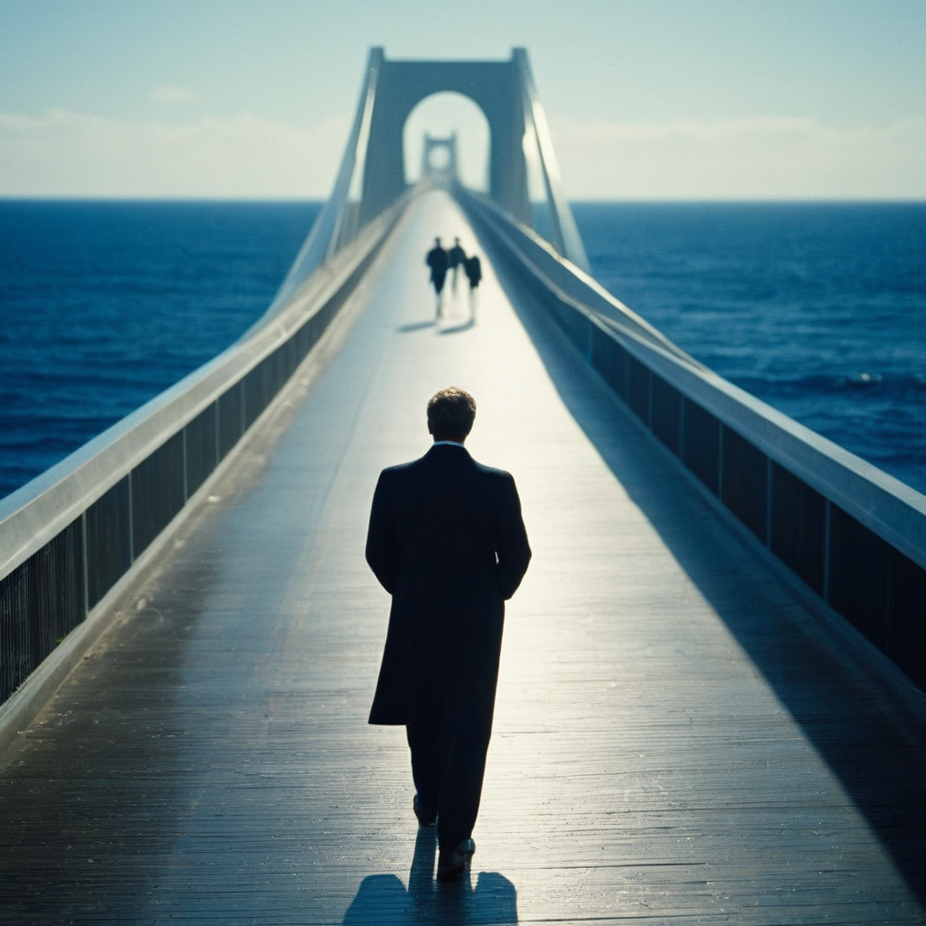 cinematic film still of  <lora:Kodak Motion Picture Film Style:1> "Detailed" "Sharp" "Vision 500T"
An Oscar winning surrealism movie for Best Cinematography a man walking a long bridge through a tunnel with a bright light coming out of it with deep blue see ocean in background Kodak Motion Picture Film Style, shallow depth of field, vignette, highly detailed, high budget, bokeh, cinemascope, moody, epic, gorgeous, film grain, grainy