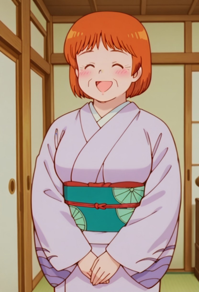 score_9,score_8_up,score_7_up,score_6_up,best quality, masterpiece, 1girl, solo, background is living room, indoors, japanese architecture,
BREAK
cpbw, mature female, japanese clothes, short hair, orange hair, closed eyes, open mouth, smile, large breasts, pink kimono, sash, obi, own hands together, blush,