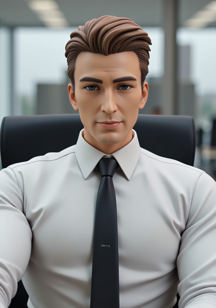 A high-quality photograph of a semi-realistic anime figurine of a man sitting in a sleek, modern conference room. He wears a crisp, white dress shirt and a slim, black tie. His light brown hair is sleek and classic. He wears a confident expression, with a slight, welcoming smile on his lips, as he gazes directly at the viewer with an air of authority and warmth. The atmosphere is one of high-stakes business and negotiation, with a sense of tension and anticipation hanging in the air.