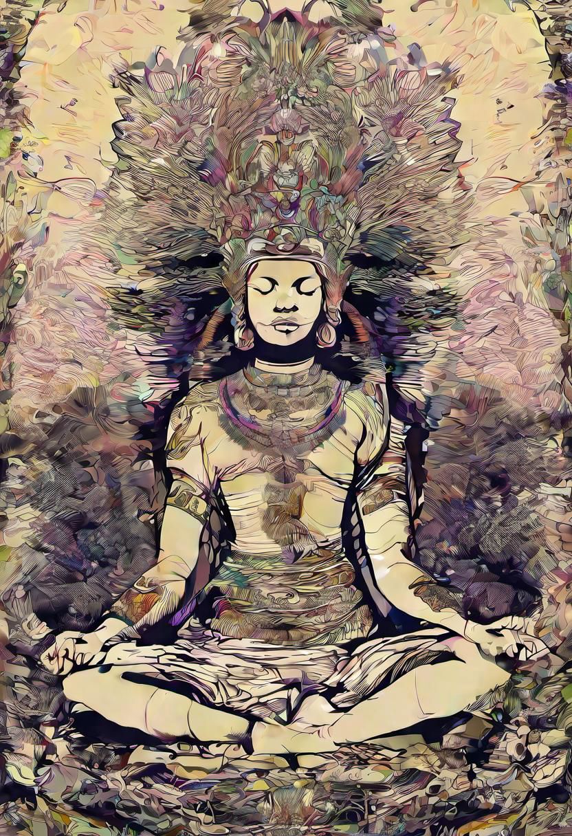 v0ng44g sk3tch, drawing, prehistorical indonesia, a young woman sitting in a meditating pose, crowned with fern leaf, organic headdress composition, in a tropical jungle, intricate hyperdetailed symmetry, dramatic top lighting, glitch effect, mandala