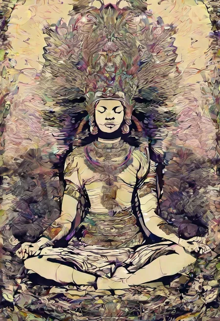v0ng44g sk3tch, drawing, prehistorical indonesia, a young woman sitting in a meditating pose, crowned with fern leaf, organic headdress composition, in a tropical jungle, intricate hyperdetailed symmetry, dramatic top lighting, glitch effect, mandala