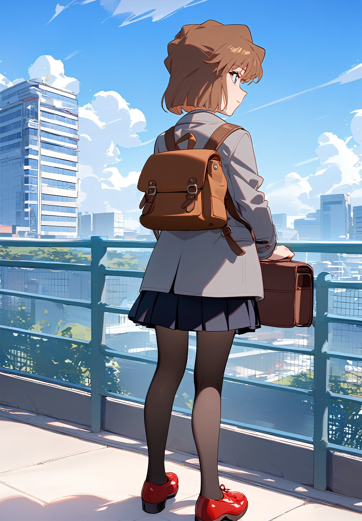 1girl, 
haibara ai, meitantei conan, 
english text, outdoors, cloudy sky, sky, sign, black hair, day, black skirt, blue sky, red footwear, brown bag, city, black pantyhose, pleated skirt, full body, coat, pantyhose, holding, solo, grey coat, building, fence, shoes, standing, cloud, skirt, backpack, medium hair, holding bag, from behind, long sleeves, bag, brown hair, 
masterpiece, newest, absurdres, safe
 <lora:2080ti_ag31_haibara_ai-000011:1> <lora:a31_style_koni:1>
