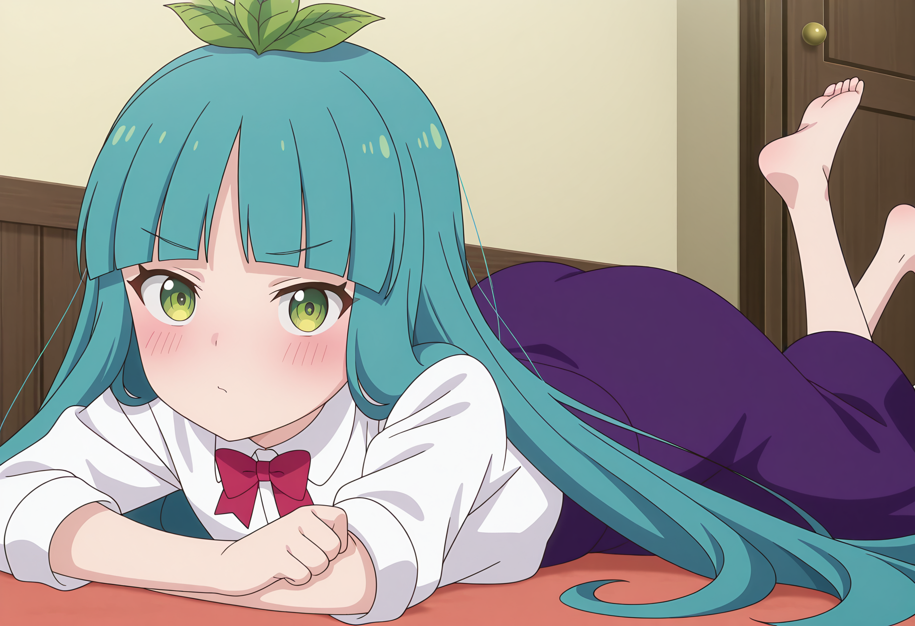 highres, best quality, masterpiece, indoors,
1girl, solo, sl300san, long hair, aqua hair, green eyes, leaf, blunt bangs, leaf hair ornament,
collared shirt, red bow, white shirt, blue skirt, purple skirt, long skirt,
anime screencap,
looking at viewer, blush,
lying, on stomach, from side, barefoot, feet,
<lora:_sandra_slime300-elesico-ilxlD:1>