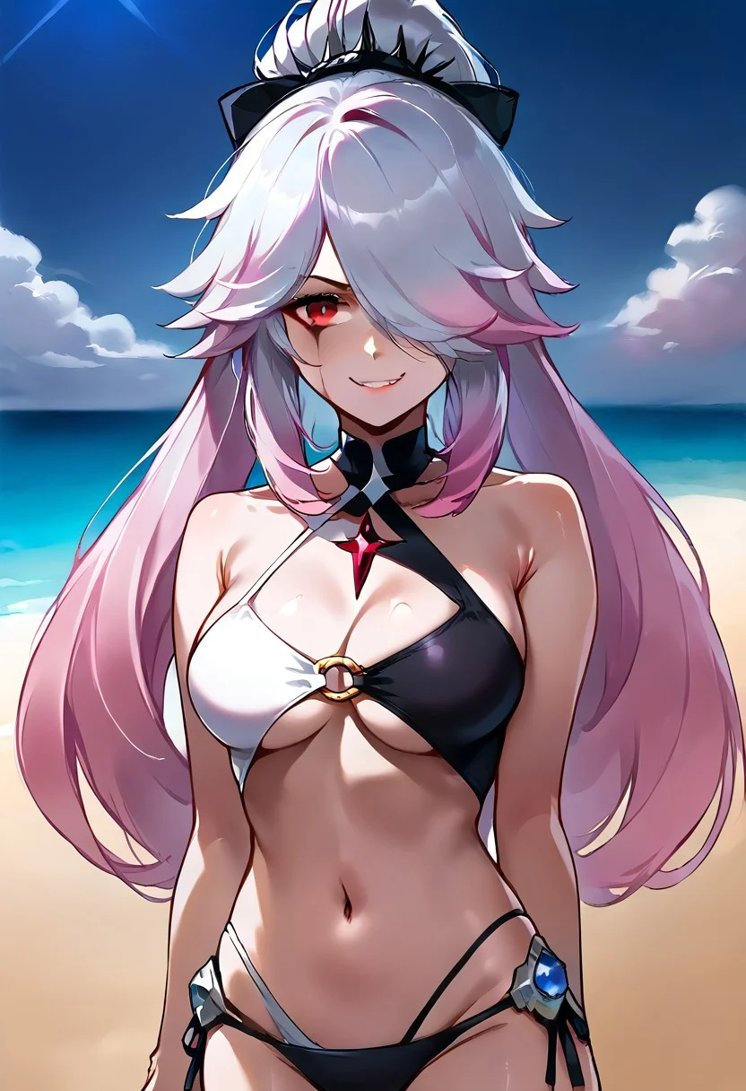 SCORE_9, SOURCE_ANIME, SOLO, 1GIRL, CHIARA, WHITE HAIR, PINK HAIR, GRADIENT HAIR, RED EYES, PONYTAIL, HAIR OVER ONE EYE, SWIMSUIT, BIKINI, TEAR MARKS, PORTRAIT, SMIRK, ON BEACH, BLUE SKY