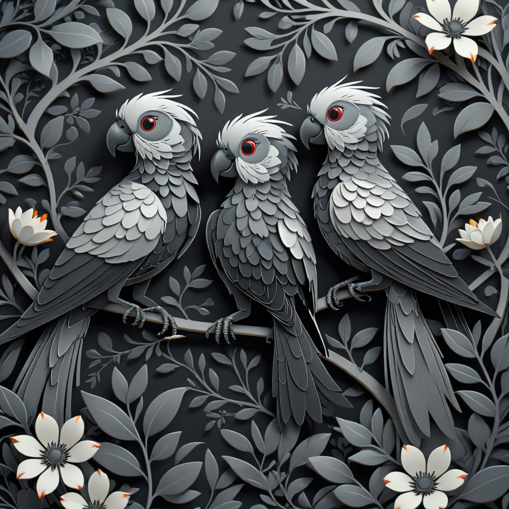 A stylized and intricate illustration featuring pitch tilt and repeating patterns, featuring a pair of birds perched on branches, surrounded by detailed foliage and flowers. The artwork is rendered in a monochromatic palette with shades of black, white, and gray, creating a striking contrast. The birds have a delicate, almost metallic sheen to their feathers, and the foliage is depicted with sharp, clean lines and geometric patterns. The background is dark, enhancing the luminous quality of the birds and flowers. Scattered throughout the scene are small, subtle red accents, adding a touch of color and depth. The overall composition is elegant and sophisticated, blending natural elements with a modern, artistic style.
 <lora:artfullyBIRDS_SDXL_V1:.8>