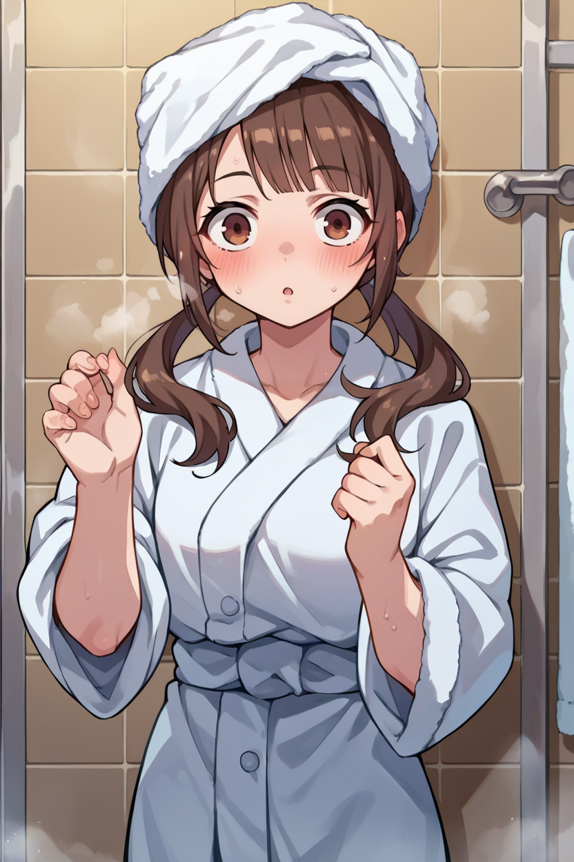 score_9, score_8_up, score_7_up, score_6_up, source_anime, 1girl, solo, <lora:okitasawa-pdxl-nvwls-v1-000006:1> okitasawa, brown hair, low twintails, white bathrobe, towel on head, bathroom, steam, looking at you, blush, surprised