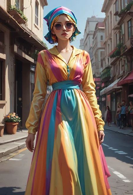 score_9, score_8_up, score_7_up, fashion glasses, colorful rainbow striped raincoat made from candy, dress, head scarf, lamp post, leaning back, street, wet street
