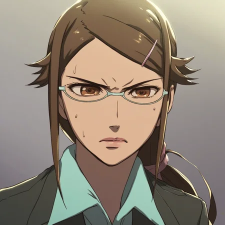 source_anime, colorful, score_9, score_8_up, score_8, 1girl, M1S4K1K1R1H4R4, BREAK, 1woman, long hair, milf, (detailed face), (detailed skin), detailed eyes, curvy, perky breasts, brown hair, brown eyes, glasses, ponytail, pink_lips, hairclip, semi-rimless_eyewear, jacket, pant suit, pants, lapels, semi-rimless_eyewear, suit_jacket shiny skin, sweat, trigger_discipline, walther_ppk, walther, holding_gun, simple_background, lighting, dynamic, serious,