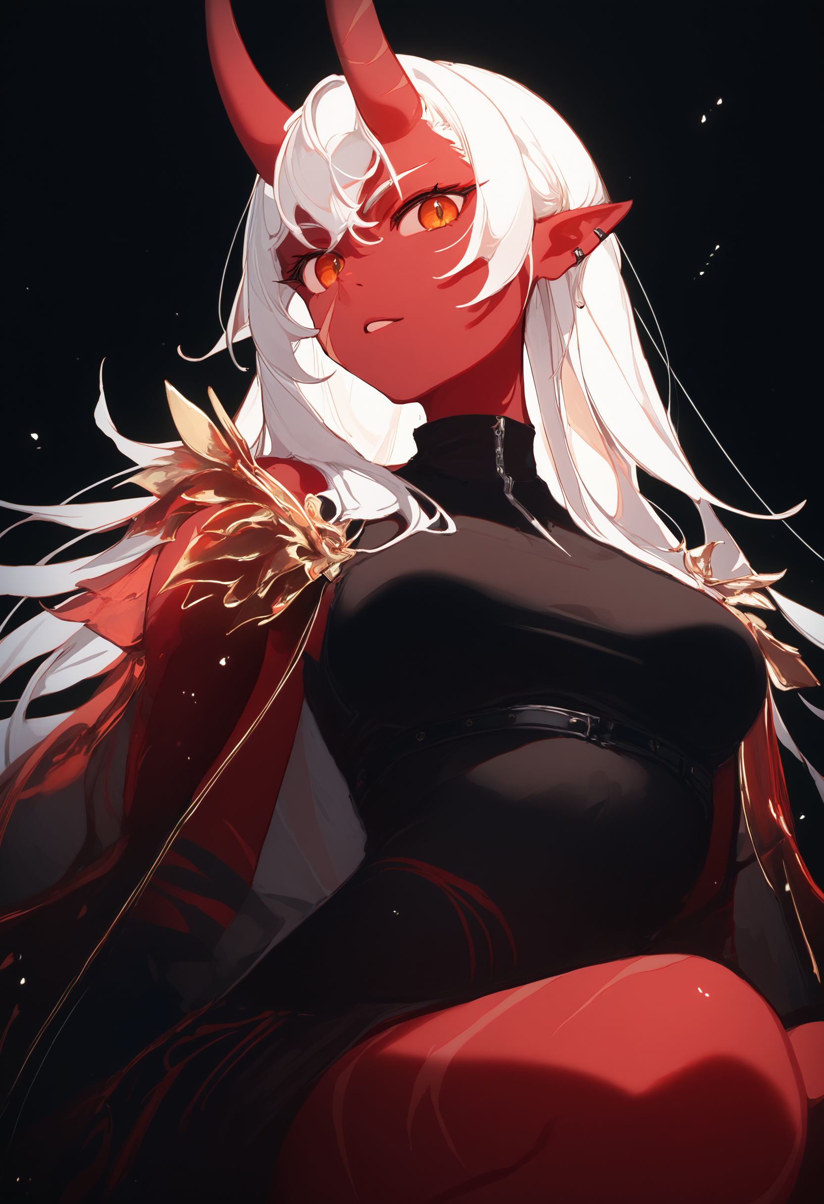 akumi \(yoclesh\), red oni, red skin, colored skin, 1girl, scar on horns, scar, breasts, pointy ears, black background, atmospheric perspective, 
looking at viewer,
score_9, score_8_up, score_7_up, extremely detailed, masterpiece, best quality, very aesthetic, absurdres
<lora:oni_girl_concepts_v2:1>