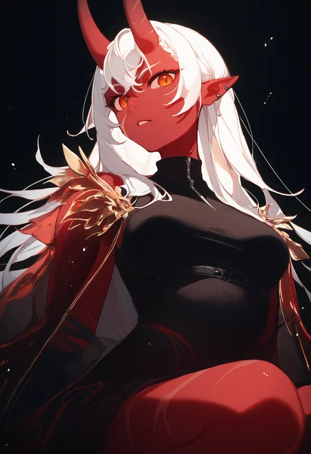 akumi \(yoclesh\), red oni, red skin, colored skin, 1girl, scar on horns, scar, breasts, pointy ears, black background, atmospheric perspective,
looking at viewer,
score_9, score_8_up, score_7_up, extremely detailed, masterpiece, best quality, very aesthetic, absurdres
<lora:oni_girl_concepts_v2:1>