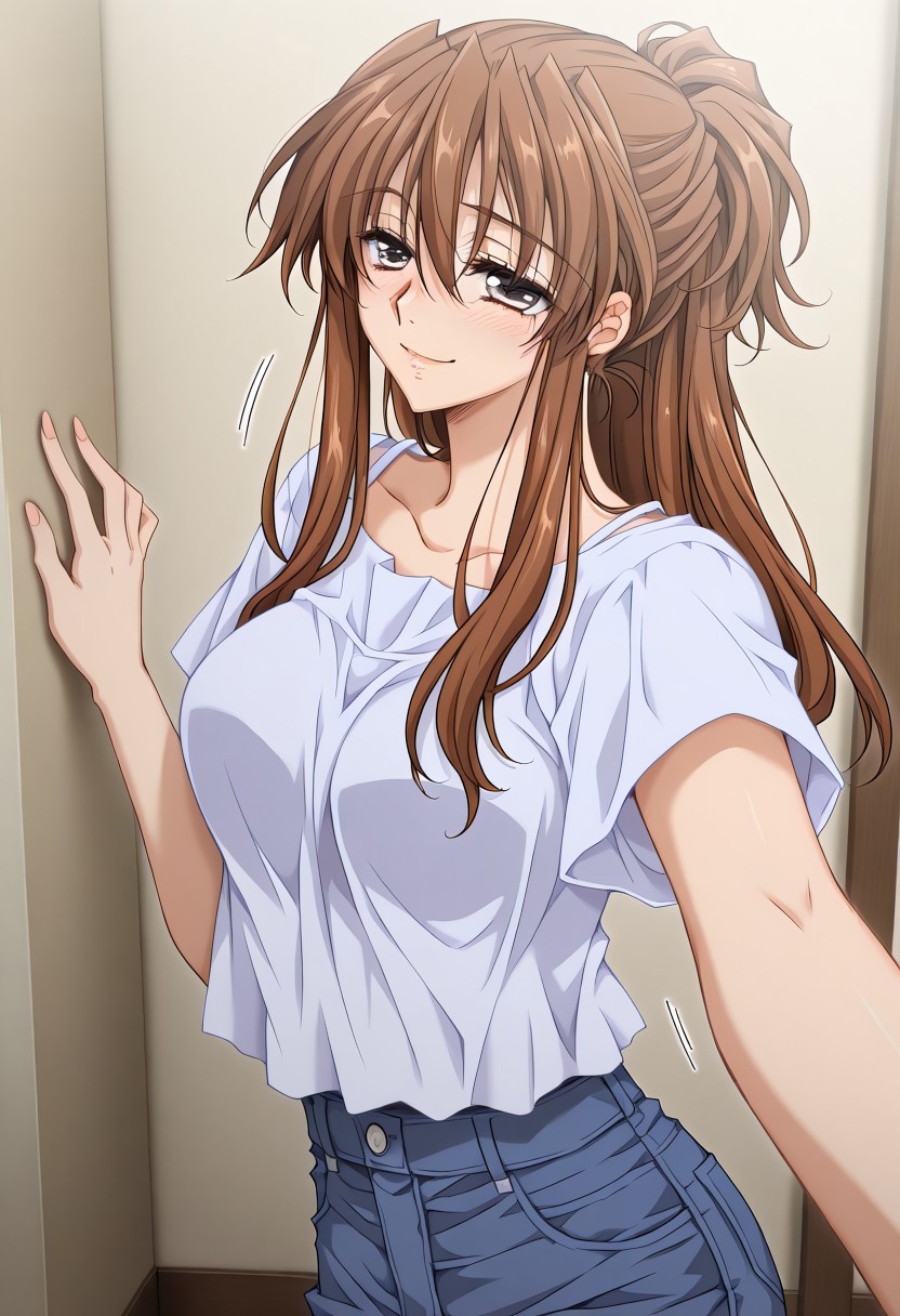masterpiece, best quality, newest, highres, uncensored, 1girl, yokota mamoru style,motion lines,Very straight nose，slim,slender face,perfect nose,torogao,seductive smile
Kudou Chiharu,Brown Hair, Long Hair,brown Eyes, Tareme Eyes,Slim
Cute girl, university student, 20 years old,half updo, light purple eyes, summer clothing, taking a selfie against the backdrop of a white lover's park,jeans