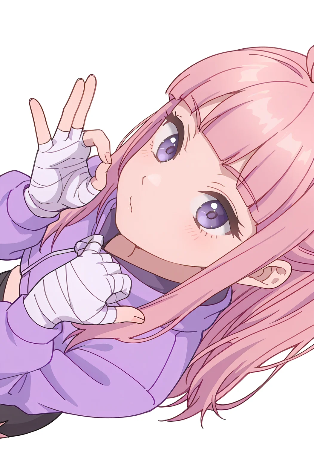 Smooth Quality,masterpiece,beautiful aesthetic, very intricate, high quality details, ultra realistic, high detailed skin,
simple background, white background,
sideways,stop (gesture),uwu,
pencil skirt, ,cropped jacket, ,Bandaged hand, <lora:Fuyuki_Momokocnn:0.8> momoko/cnn, pink hair, 1girl, ahoge, purple eyes,petite,