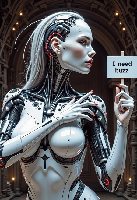 CyborgFusion, portrait, octane render, robot, it is Exotic, Overdetailed art, Vaporpunk, Low shutter, contemporary, fine detail, unique, complex artistic color composition, magnificent, complimentary colors, atmosphere, human eyes and lips, deep rich colors, illustrious, dynamic composition, sensual, wet, expressive look, no hair, white ceramic surfaces, looking to the side,in the style of ck-ncr, intricate futuristic network background, warm light, holding a sign in one hand that says "I need buzz", pointing with the finger of her free hand at the sign,