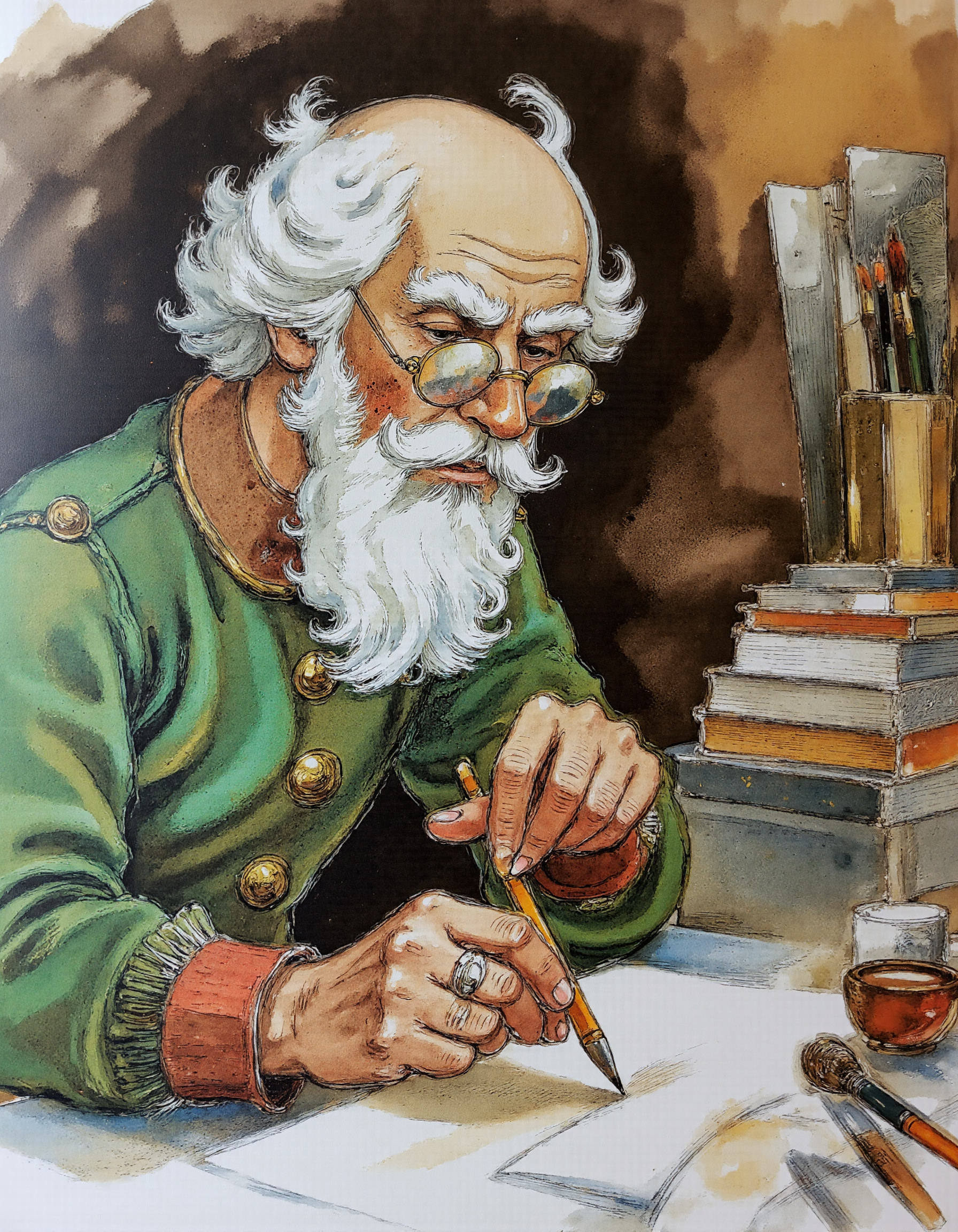 <lora:lv:1>, UHD, 8K, ultra detailed, a cinematic photograph of Rembrandt style, This is a detailed, hand-drawn illustration in a classic, whimsical style, reminiscent of early 20th-century children's book art captures an elderly man with a long, white beard and mustache, wearing large, round glasses and a green, long-sleeved shirt with a red collar. He is seated at a cluttered desk in what appears to be an artist's studio. The man is holding a pencil in his right hand, poised over a sheet of paper, suggesting he is either drawing or sketching. The background is filled with various artistic supplies and materials, including a stack of books, paintbrushes, and a variety of colored papers and canvases. . Baroque, chiaroscuro, realistic, emotional, "flat lighting, beautiful lighting, great composition