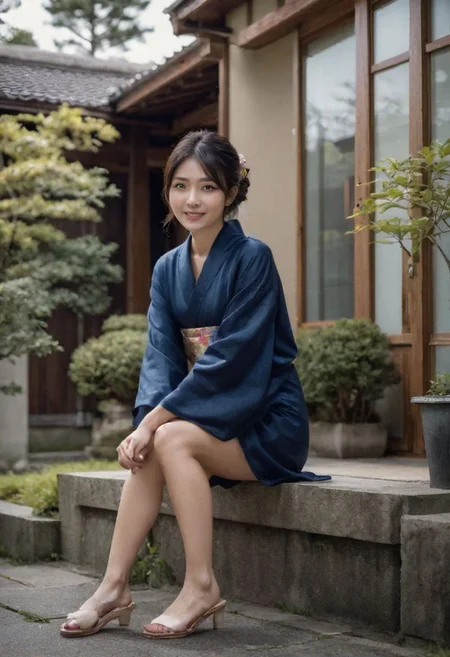 NSFW,(From below:1.643),(dark background:1.3),(white laced small panty close up :1.31),(physical education sitting with holding one knee:1.3),(on low steps by house:1.),(beautiful real texture :1.3),smile face:1,(royal),10k,(real skin texture:1.3),high resolution,(one 32 years old elegant Japanese slender woman wearing in long colored kimono:1.31),(163cm tall:1),(sandals:1.2),(fine wrinkle :1.),(detailed innocent girls face:1.),(symmetrical eyes:1.1),(black small eyes:1),(small single chignon:1),( at front of Japanese modern house:1.1)