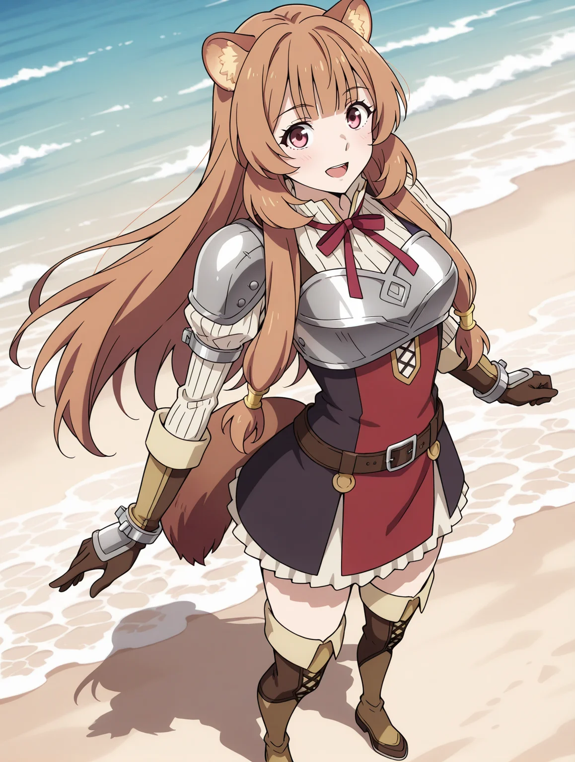 (red dress striped sweater red neck ribbon breastplate belt brown gloves thigh boots:1.50),
tny-raphtalia, pink eyes, brown hair, sidelocks, blunt bangs, raccoon ears, raccoon tail,
medium breasts, 1girl, solo, skinny,
(masterpiece, highres, ultra-detailed,very aesthetic, best quality, absurdres, high quality, highres),
excited,
full body,
(:1.70),
BREAK,
beach,
long hair
<lora:tny-raphtalia-V01-illXL-000003:0.80>