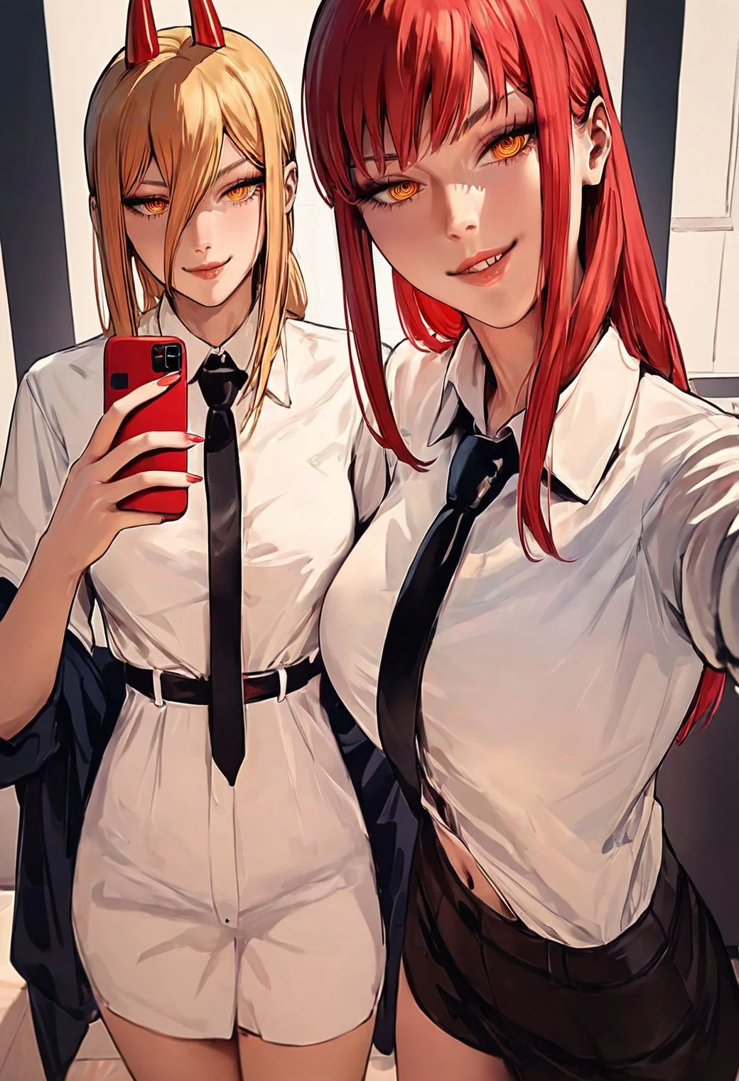 score_9, score_8_up, score_7_up,
beautiful aesthetic, very intricate, high quality details,
2girls, multiple girls, makima \(chainsaw man\) and power \(chainsaw man\), blonde hair, red hair, cellphone, formal, holding phone, lips, looking at viewer, navel, necktie, selfie, smug
<lora:ZumiDraws_Style_-_Pony_r1:0.8>
