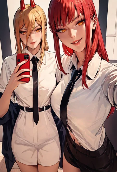 score_9, score_8_up, score_7_up,
beautiful aesthetic, very intricate, high quality details,
2girls, multiple girls, makima \(chainsaw man\) and power \(chainsaw man\), blonde hair, red hair, cellphone, formal, holding phone, lips, looking at viewer, navel, necktie, selfie, smug
<lora:ZumiDraws_Style_-_Pony_r1:0.8>