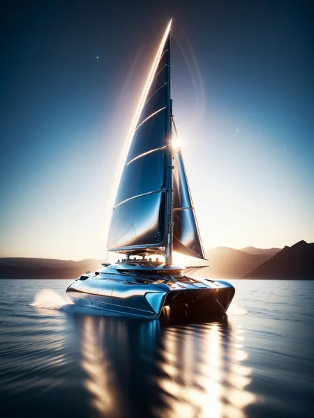 sleek space ship made of mad-chrm that looks like a sailing catamaran ship riding of a wake of space dust in space, reflections, depth of field, cinematic shot, dramatic lighting, dynamic pose, <lora:Chrome_SDXL:0.7>, (masterpiece:1.2), best quality