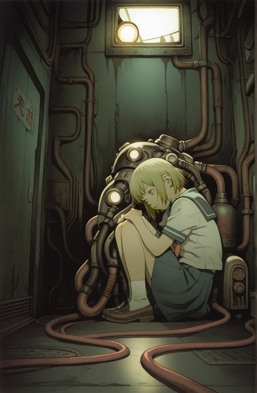 1girl,blonde hair,serafuku,perspective,
tatsuyuki ,dark room, full of pipes, searchlights, (Bionic:1.2),Curled up in the corner
<lora:Perfect Hands:1>  <lora:Tatsuyuki:0.9> <lora:add-detail-xl:1><lora:age_slider_v4:-3>, score_9, score_8_up, score_7_up, score_6_up, score_5_up, score_4_up,zPDXL