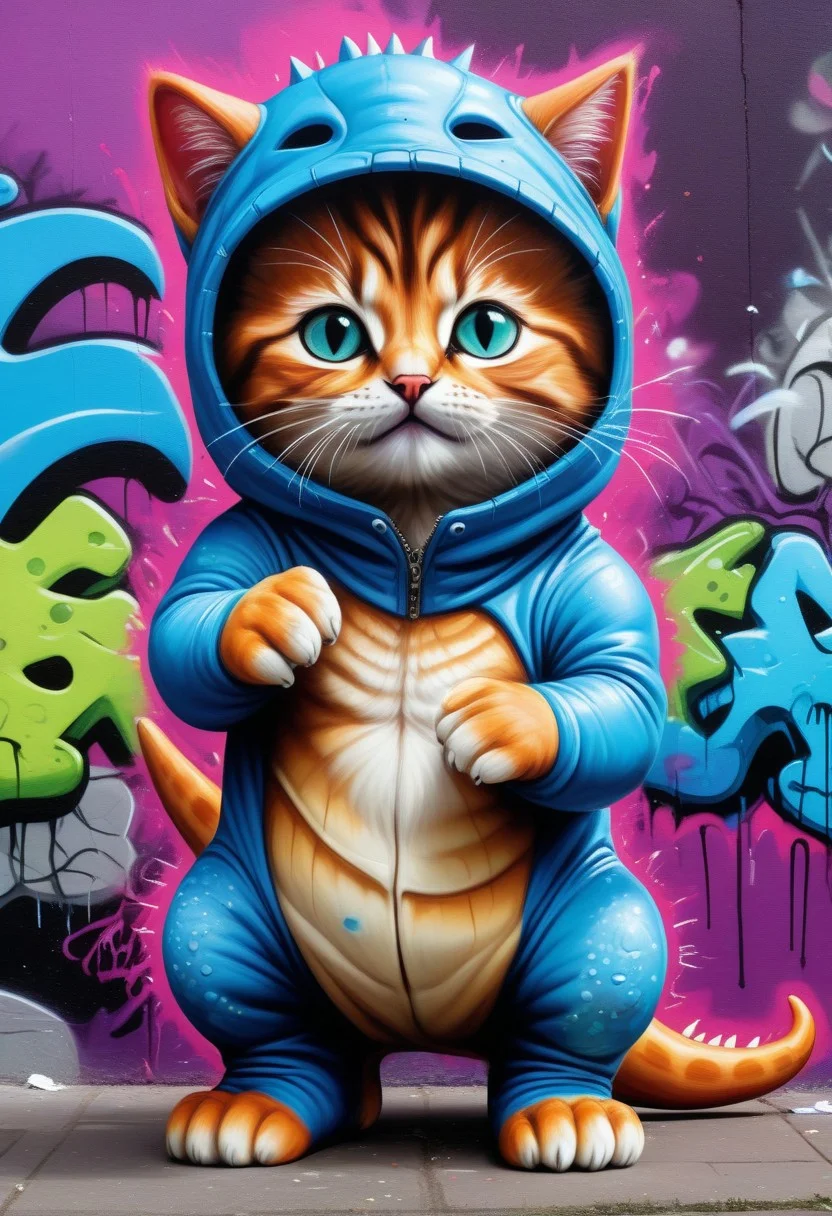 Jed-Gr4ff1t1, a sweet little baby kitten in a dinosaur costume , full of details, masterpiece, positivie emotional